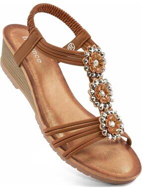 Women's Brown Floral Rhinestone Elastic Slingback Low Wedge Heel Sandals Shoes